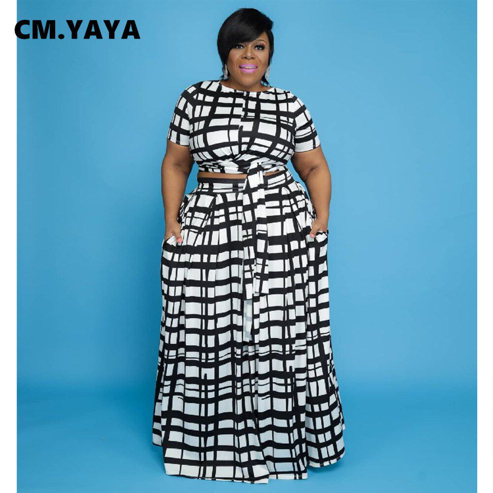 CM.YAYA Women Plus Size Plaid Two Piece Set Fashion Tie Up T
