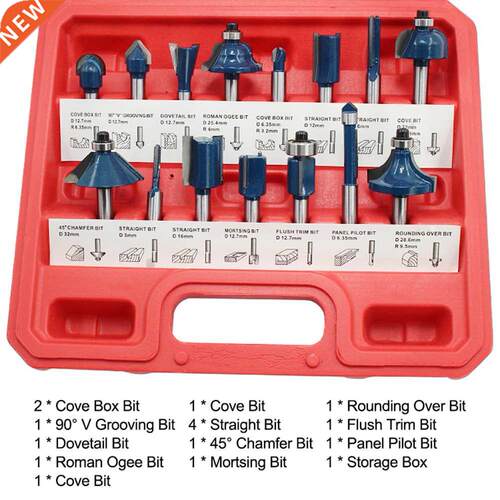 15PCS 1/4 Inch Shank Woodworking Milling Cutter Bits Set Tri