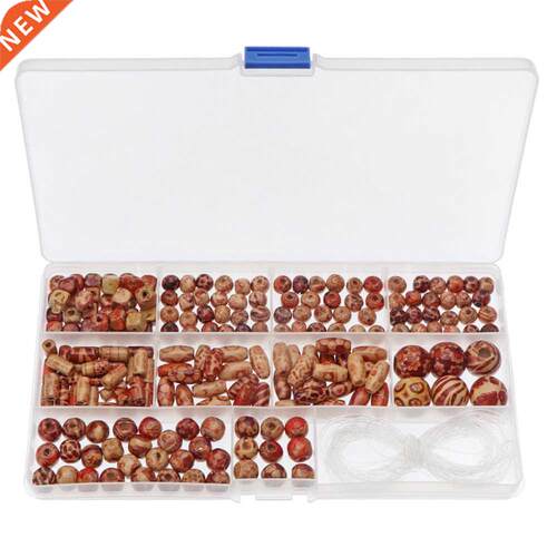 215pcs Pattern Painted Wooden Drum Bead Big Hole Mixed Color