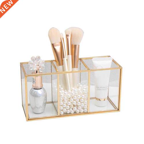 Transparent Glass Makeup Brush Storage Box Gold Cosmetics Co