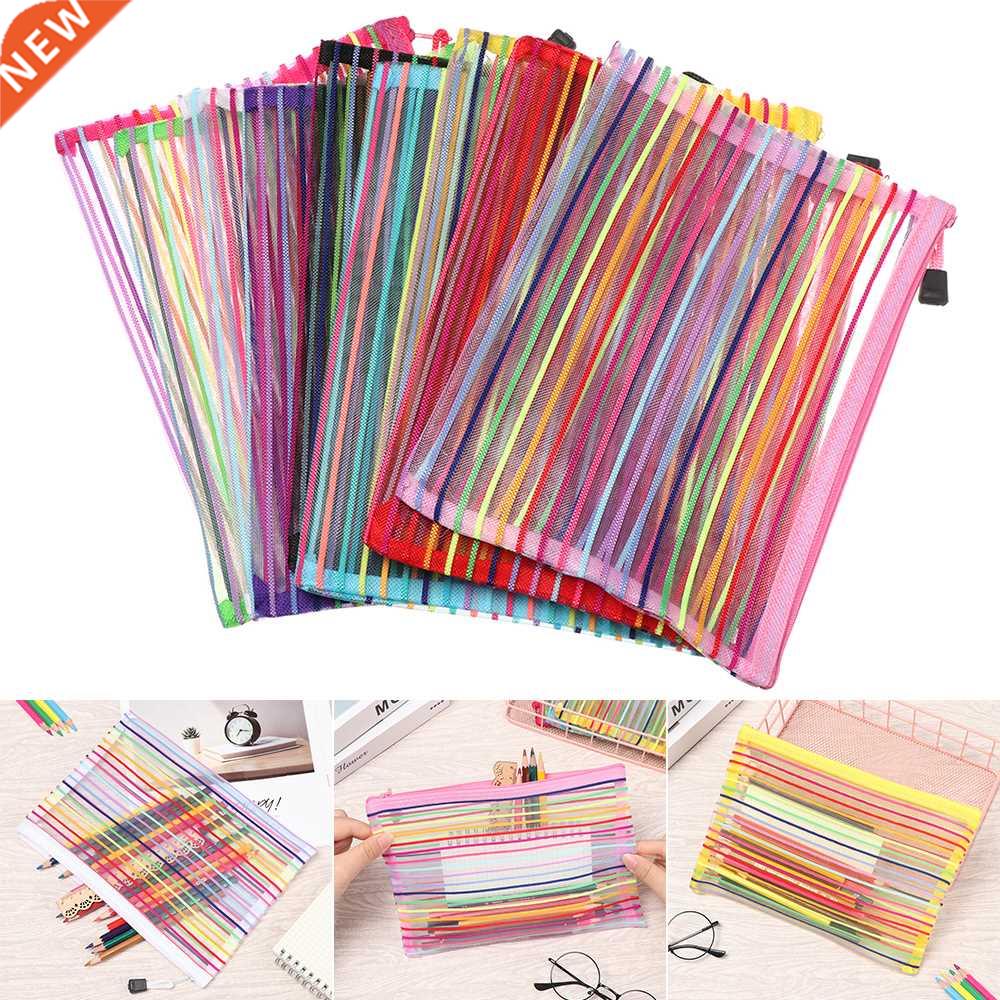 Nylon Pencil Case Simple Rainbow color Mesh Document Bag Mu