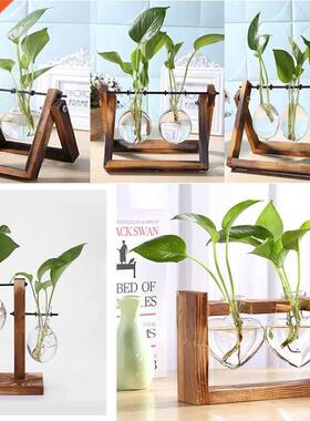Glass Wood Vase Planter Terrarium Table Desktop Hydroponics
