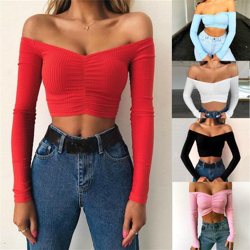 2020 Deep V neck Cross Crop Tops Blouses Women Long Sleeve O