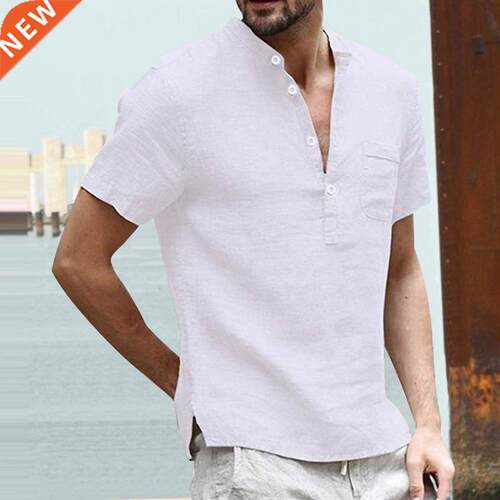 Mens Lnen Blouse Short Sleeve Baggy Buttons Summer Sold Co