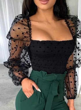 2020 Retro Women Blouse Shirts Polka Dot Sheer Long Puff Sle