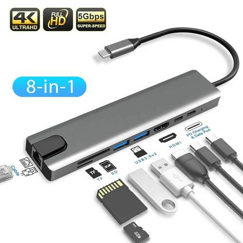 8 in1 US C To Type C Dual US 3.0 Hu HDMI RJ45 Ethernet M