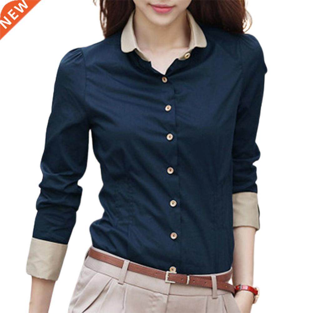 Office Blouses Elegant Tig Blue Solid Color Shirt Buttons