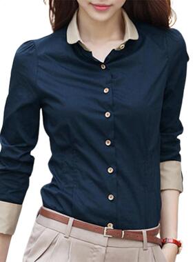 Office Blouses Elegant Tig Blue Solid Color Shirt Buttons