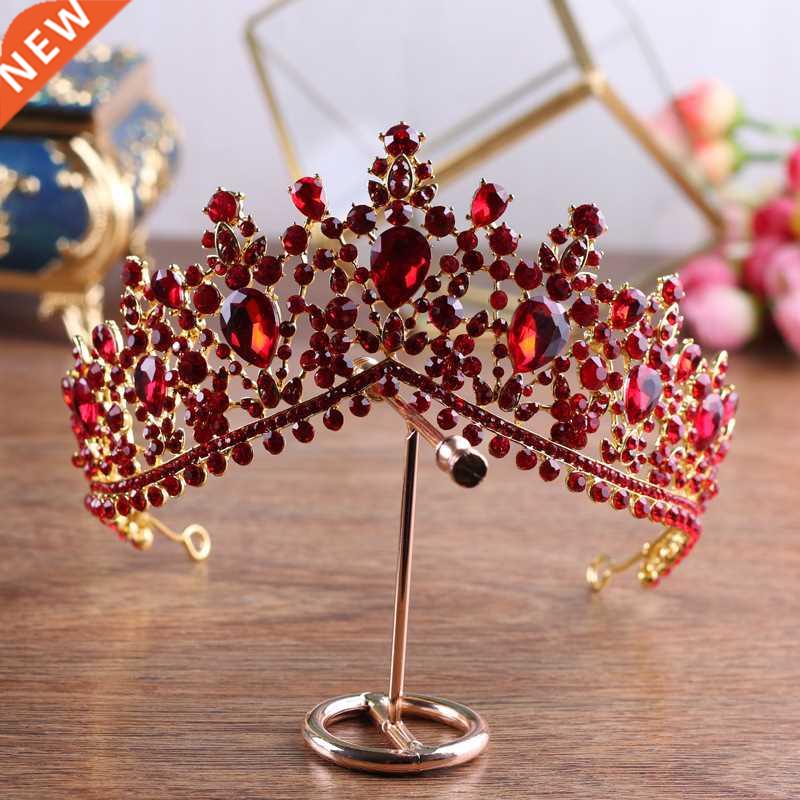 Luxury Gold Red Rhinestone Bridal Tiaras Crown Vintage Baroq