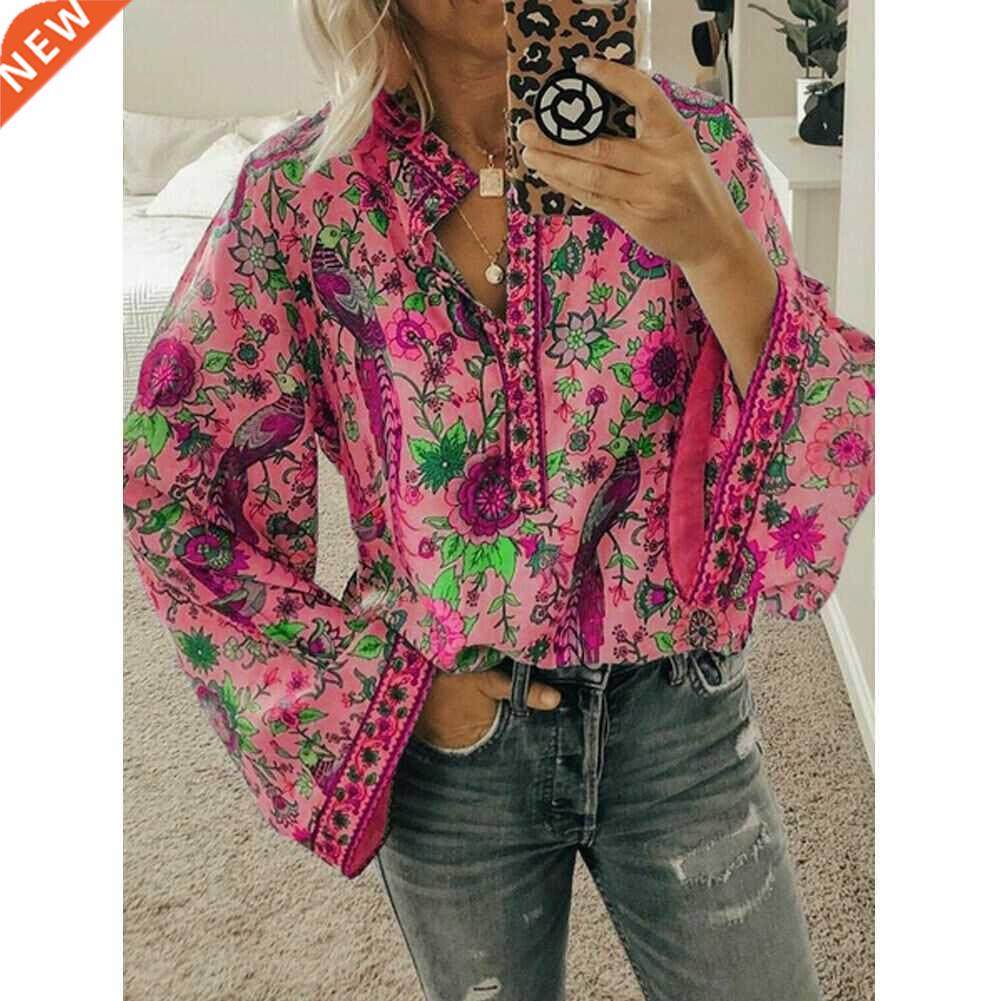 New Boho Flower Blouses Womens Fashon Shrt V-neck Long Sle