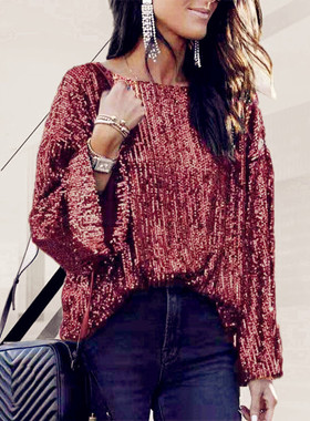 女士圆领套头亮片上衣