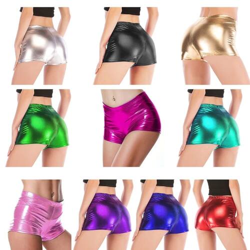 Solid color shiny leather shorts for women纯色中腰亮皮短裤女
