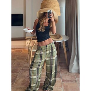 High waisted checkered casual pants women 高腰格子休闲长裤女