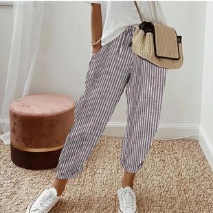 Striped casual elastic waist pants women条纹休闲松紧腰长裤女