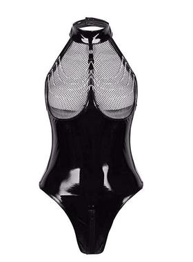 Lacquer leather mesh backless jumpsuit漆皮网纱露背连体衣女士