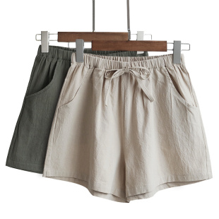 Waist Loose Shorts宽松短裤 Leg Linen High Cotton Wide Sports
