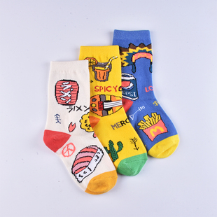 儿童涂鸦原创设计短袜子纯棉男女童中筒袜AB款宝宝日系嘻哈长筒袜