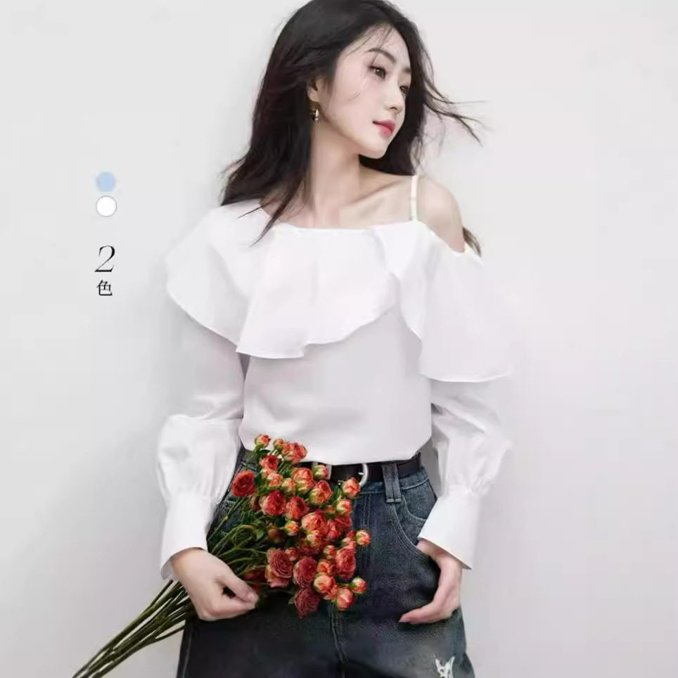 气质设计感棉布衬衫春季2025新款女装甜美荷叶边一字领露肩上衣