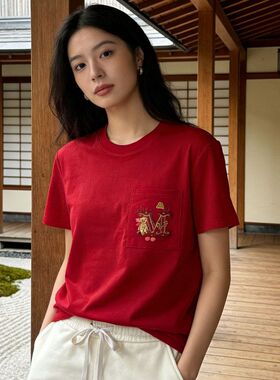 柜货 柜价2000+ M家2026春夏纯棉刺绣熊 水钻刺绣口袋 短袖T恤女
