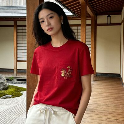 柜货 柜价2000+ M家2026春夏纯棉刺绣熊 水钻刺绣口袋 短袖T恤女