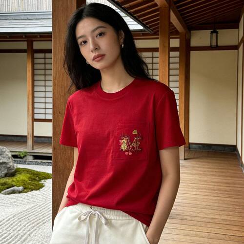 柜货 柜价2000+ M家2026春夏纯棉刺绣熊 水钻刺绣口袋 短袖T恤女