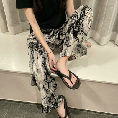 棉绸夏季睡裤女士薄款阔腿裤家居运动简约花裤可外穿人造棉九分裤