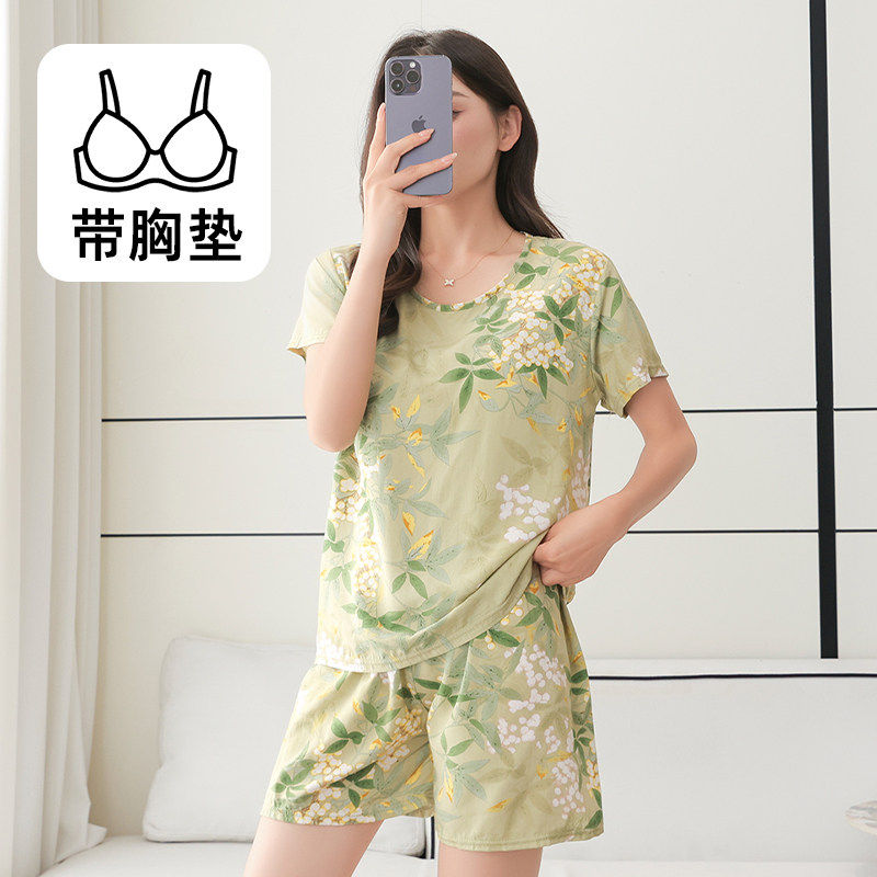 自带胸垫棉绸睡衣女防凸点年轻妈妈夏天绵绸短袖短裤两件套装凉快