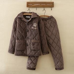 睡衣男冬季加厚加绒三层夹棉珊瑚绒保暖套装休闲可外穿大码家居服