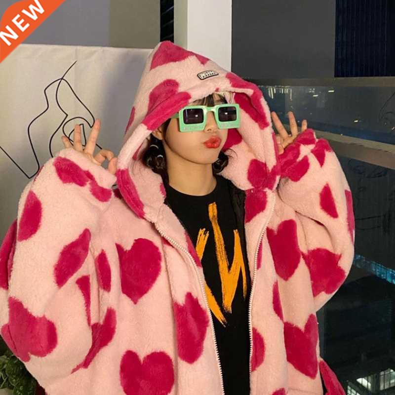 Harajuku Heart Print Plush Jacket Winter Women	s Clothing