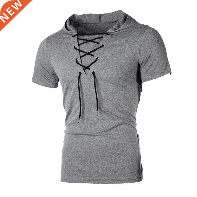 2022 men t shirt summer personality hooded tees lacing short