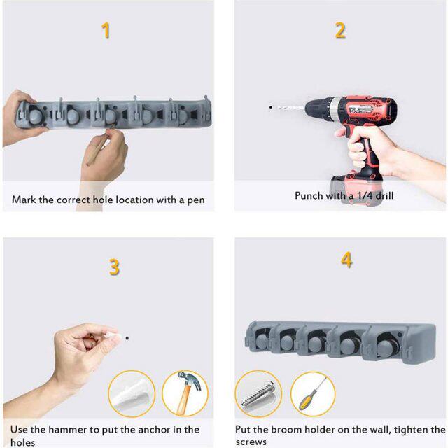 2 PACK BROOM AND MOP HOLDER WALL MOUNTED 5 POSTON 6 HOOKS