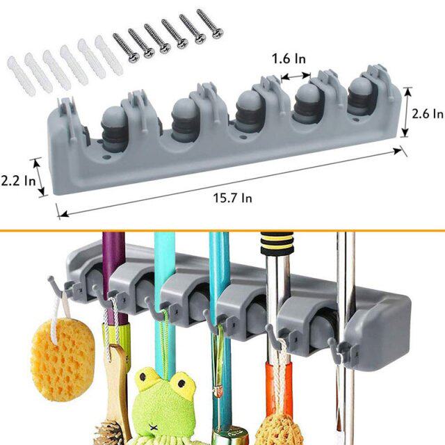 2 PACK BROOM AND MOP HOLDER WALL MOUNTED 5 POSTON 6 HOOKS