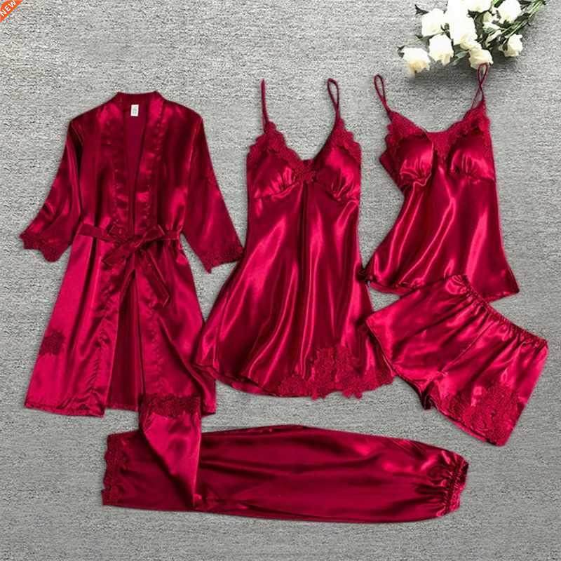 pajama set women lace trim satin sleepwear pyjamas pour femm