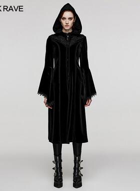暗黑连帽丝绒外套女秋冬原创设计感长风衣A字连衣裙中长裙哥特风