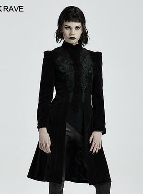 PUNKRAVE哥特宫廷平绒礼服风衣中长款女黑丝绒外套复古风大衣修身