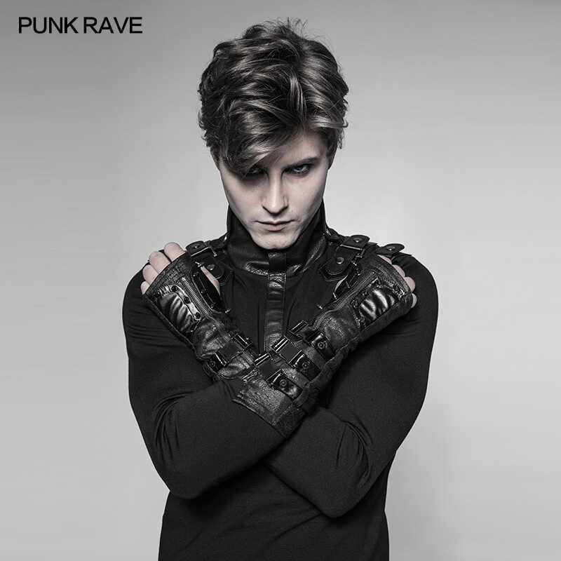 设计感赛博朋克男款个性摇滚机车党拉链皮手套重工铆钉金属扣配饰