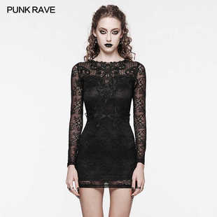 包臀短裙子礼服裙 显瘦长袖 朋克哥特蕾丝连衣裙女新款 欧美性感修身