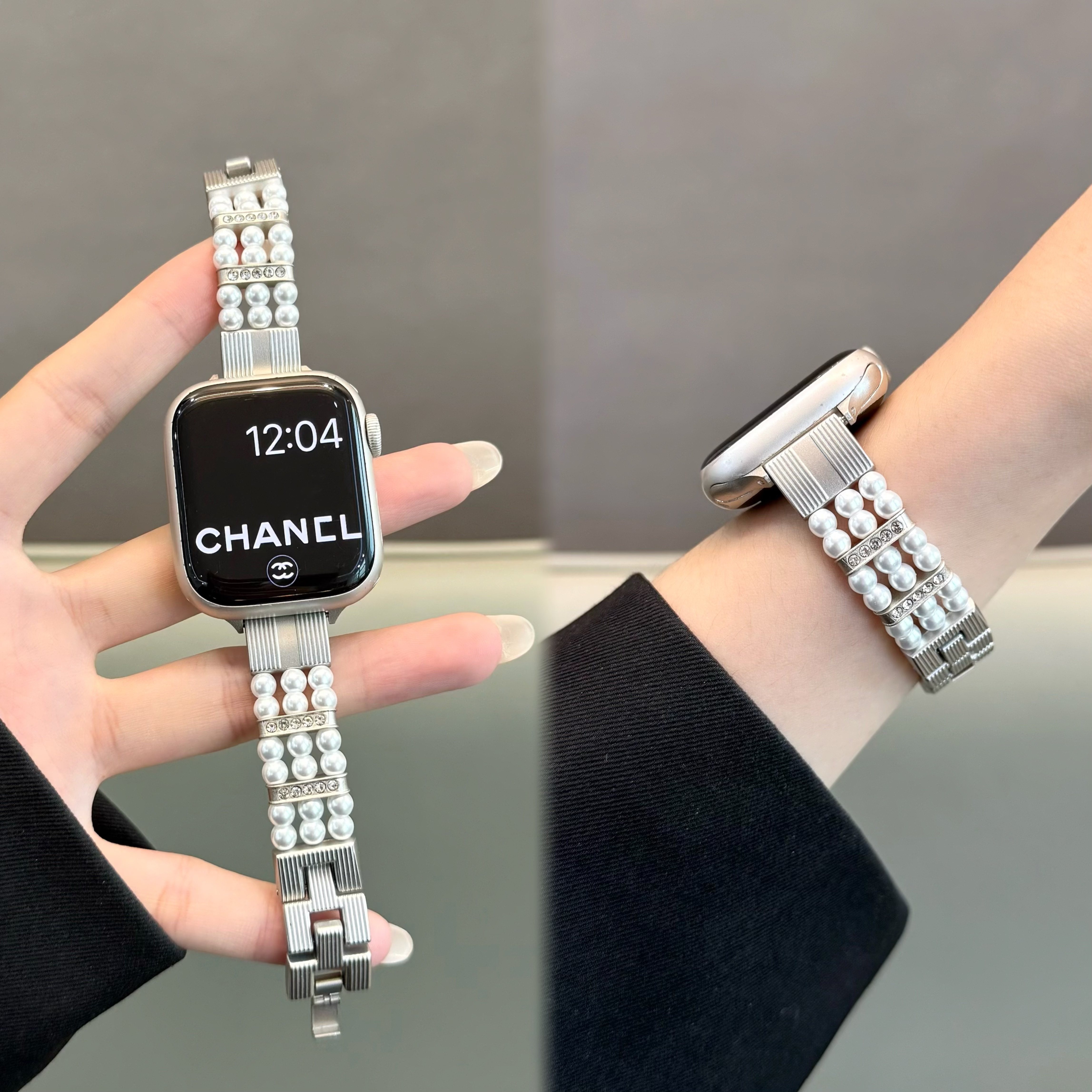 适用苹果手表iwatch10/s11表带夏季小香风珍珠金属链applewatch98
