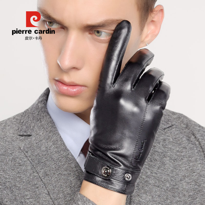 皮尔卡丹手套骑行男士真皮摩托机车冬季保暖防寒加绒触屏皮手套