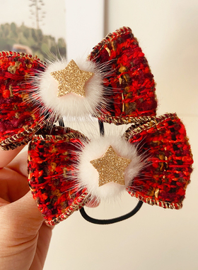 包邮小香风红色蝴蝶结发绳儿童发饰貂毛球头绳宝宝过新年发夹发卡