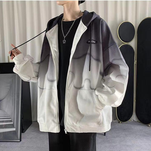 清仓捡漏外贸撤回渐变开衫卫衣男秋冬连帽潮牌加绒青少年拉链外套
