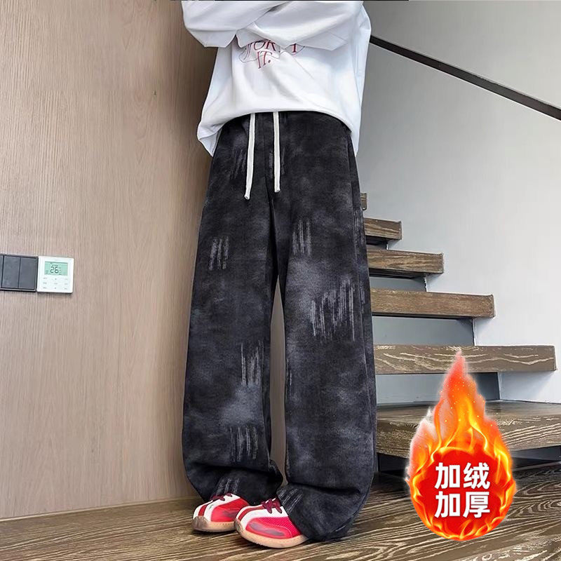 美式扎染秋冬灯芯绒裤子男直筒长裤潮流宽松运动裤潮牌加绒休闲裤