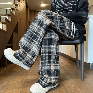 美式复古格子工装裤子男款春秋季直筒宽松潮牌垂坠感阔腿休闲长裤