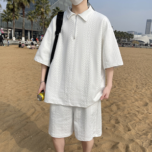 套装 清仓捡漏两件套半拉链短袖 休闲痞帅五分直筒短裤 polo衫 夏 男士