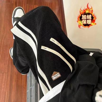 休闲长裤男士秋冬季宽松阔腿直筒裤加绒加厚潮牌工装运动裤子男款