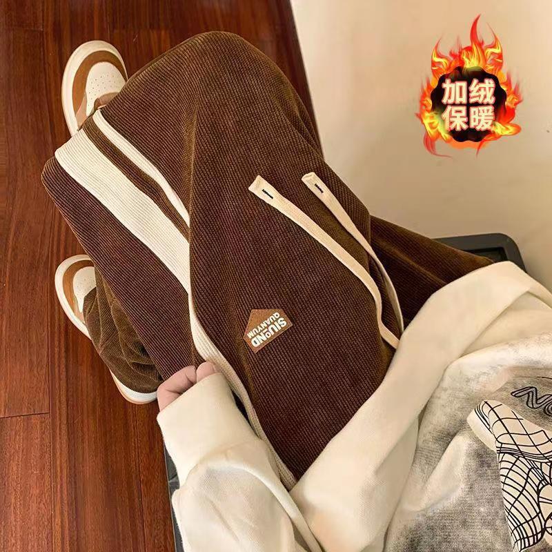 美式条纹休闲裤子男秋冬季加绒保暖高街百搭潮牌垂感运动直筒卫裤