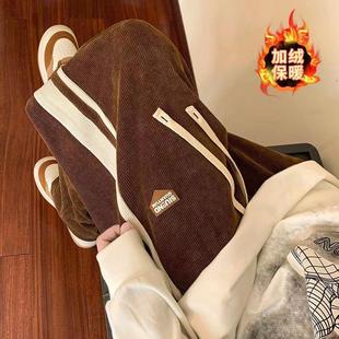 加絨保暖高街百搭潮牌垂感運(yùn)動(dòng)直筒衛(wèi)褲 美式 條紋休閑褲 子男秋冬季
