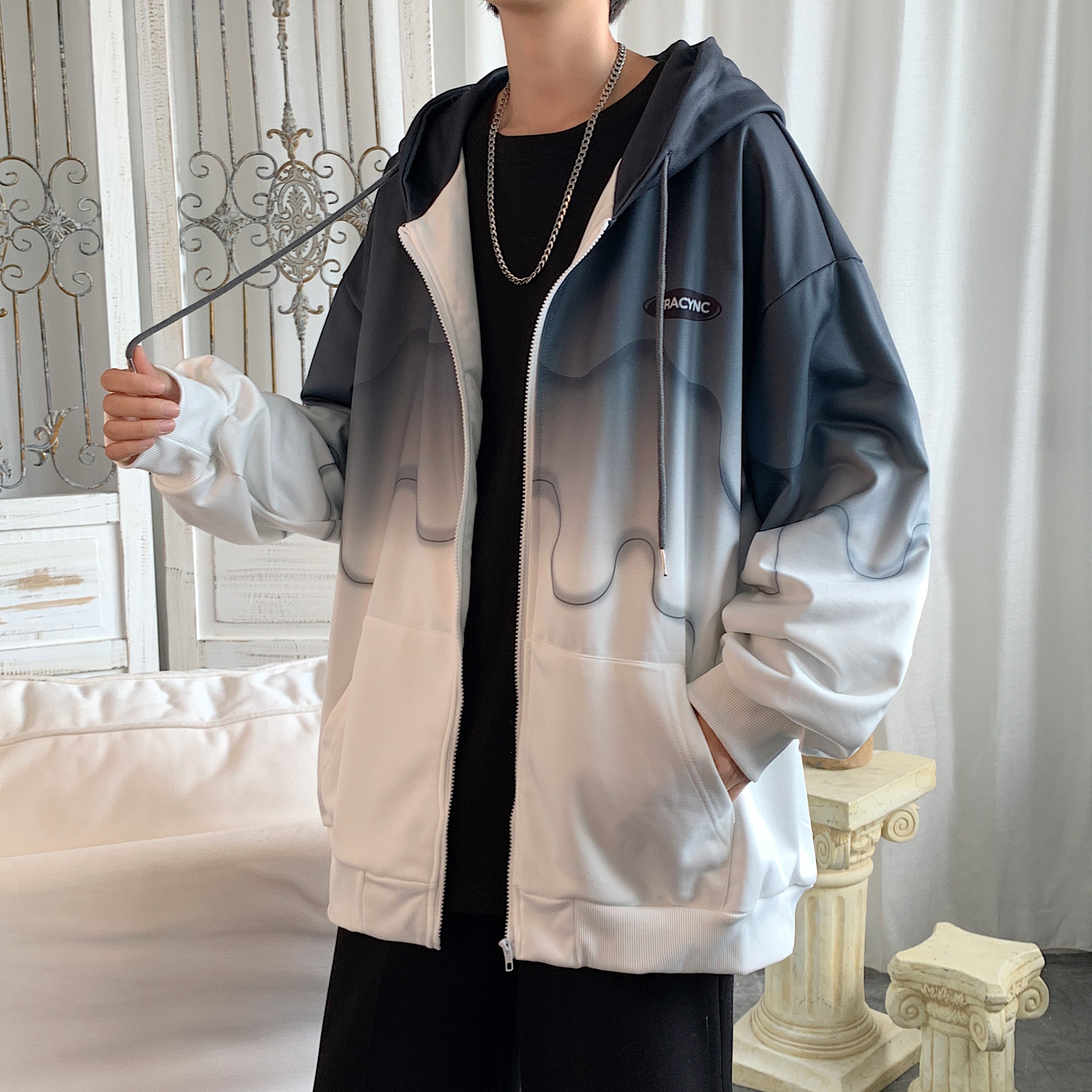 加绒渐变开衫卫衣外套男女ins潮流秋冬百搭休闲宽松连帽上衣情侣