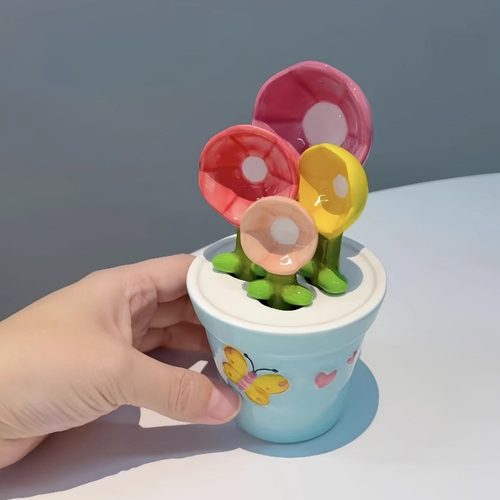 多巴胺花朵陶瓷勺子蝴蝶花带底座