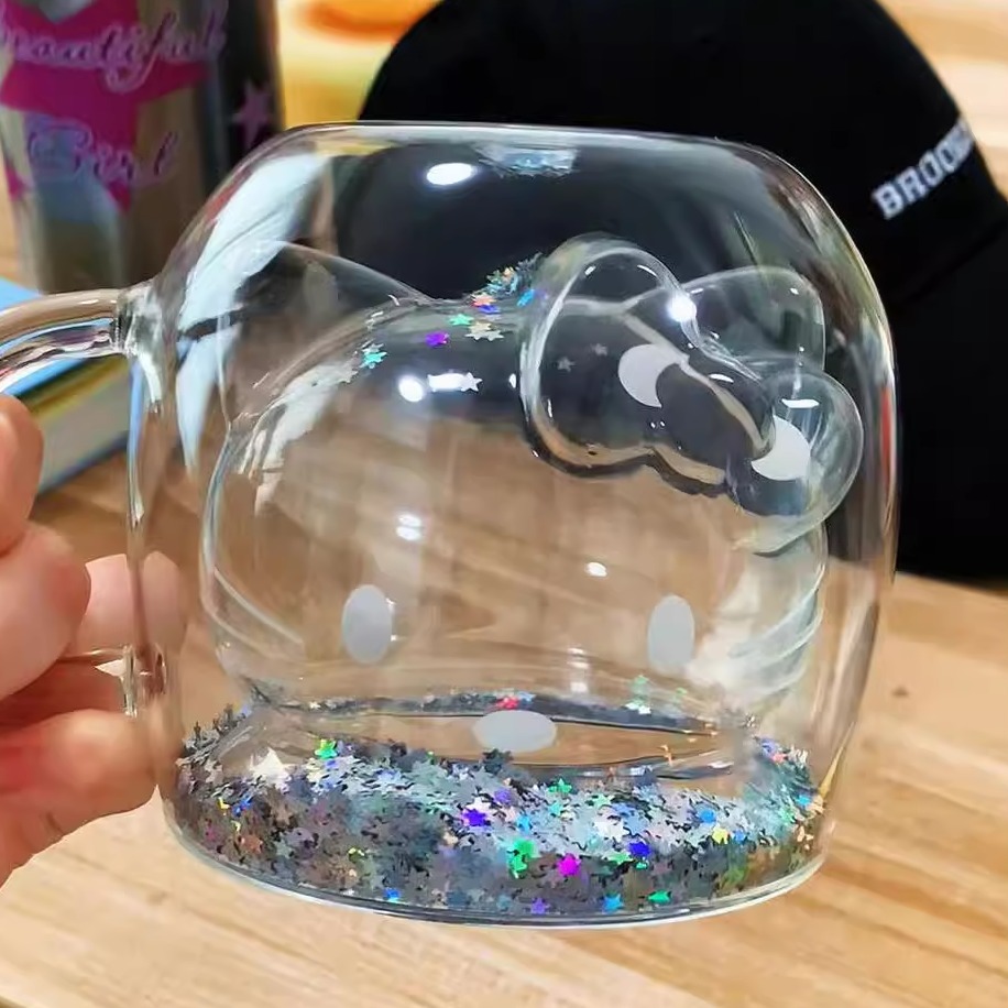 可爱HelloKitty双层玻璃杯甜美幻彩星星流沙水杯创意3D卡通咖啡杯
